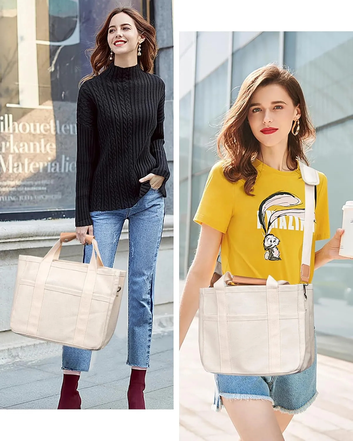 Canvas Tote Bag with Multi-Pocket for Women Large Crossbody Shoulder Handbag Everything Tote Bag with Compartments