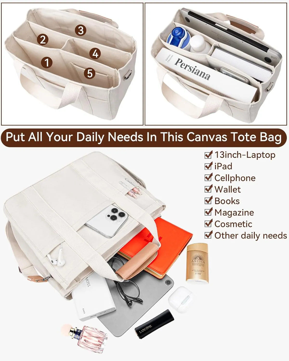 Canvas Tote Bag with Multi-Pocket for Women Large Crossbody Shoulder Handbag Everything Tote Bag with Compartments