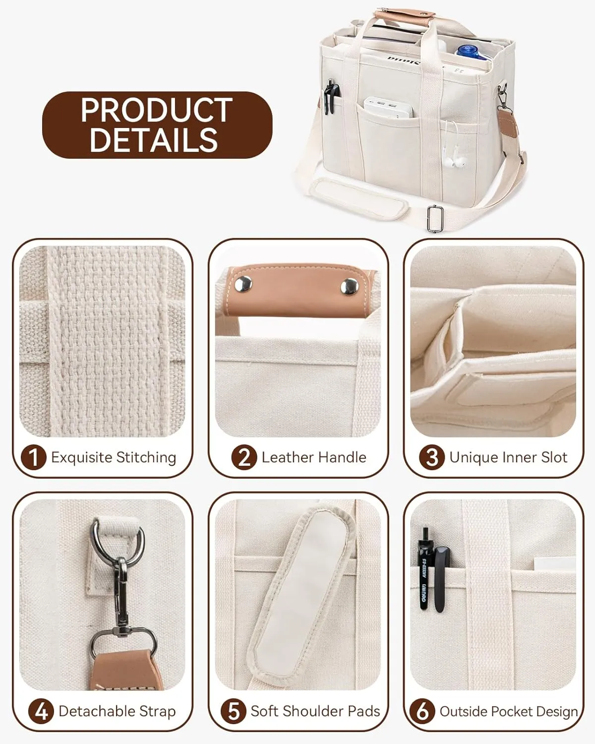 Canvas Tote Bag with Multi-Pocket for Women Large Crossbody Shoulder Handbag Everything Tote Bag with Compartments