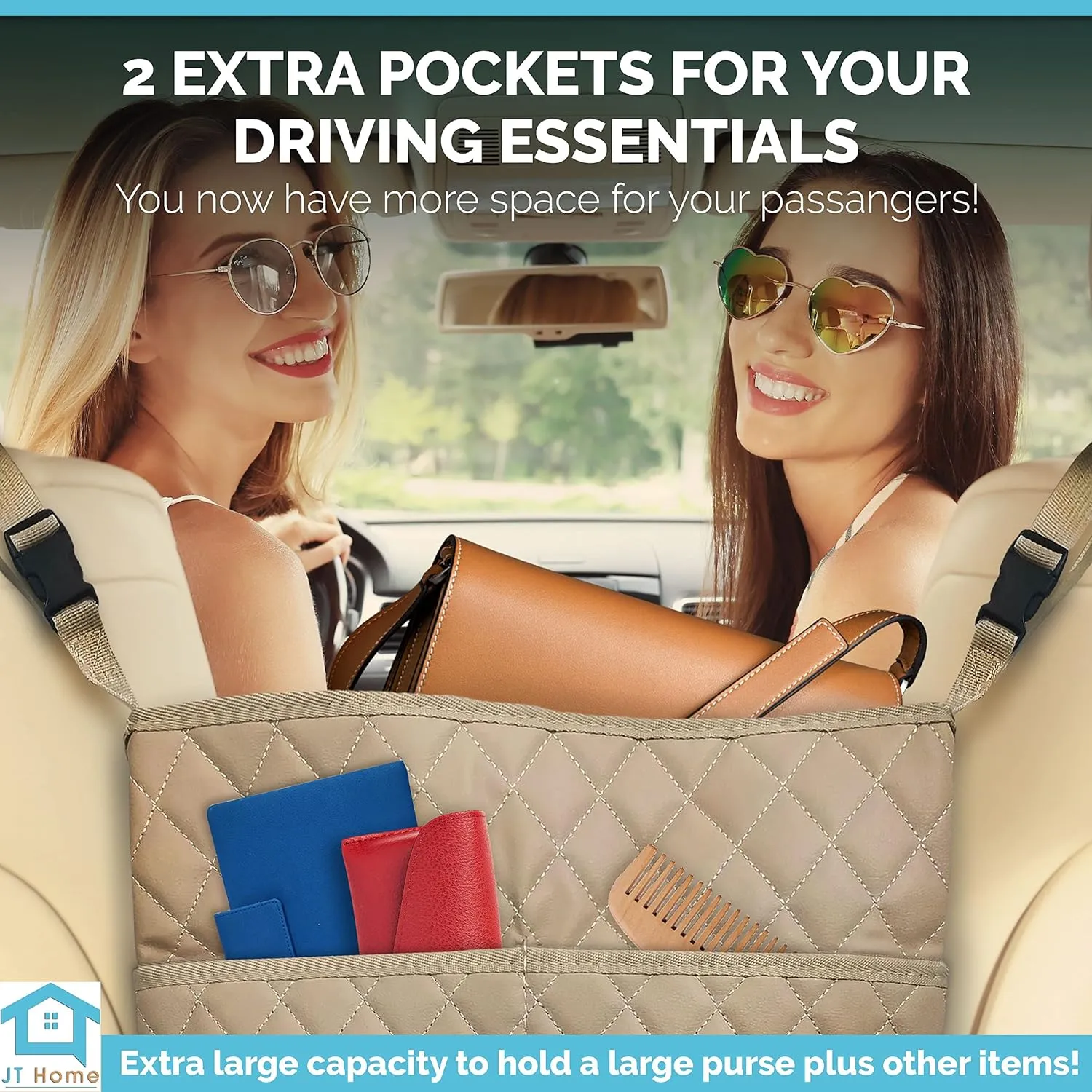 Car Net Pocket Handbag Holder Between Seats, Luxury Quilted PU Leather Purse Car Organizer With 2 Extra Pockets For Storage, Beige