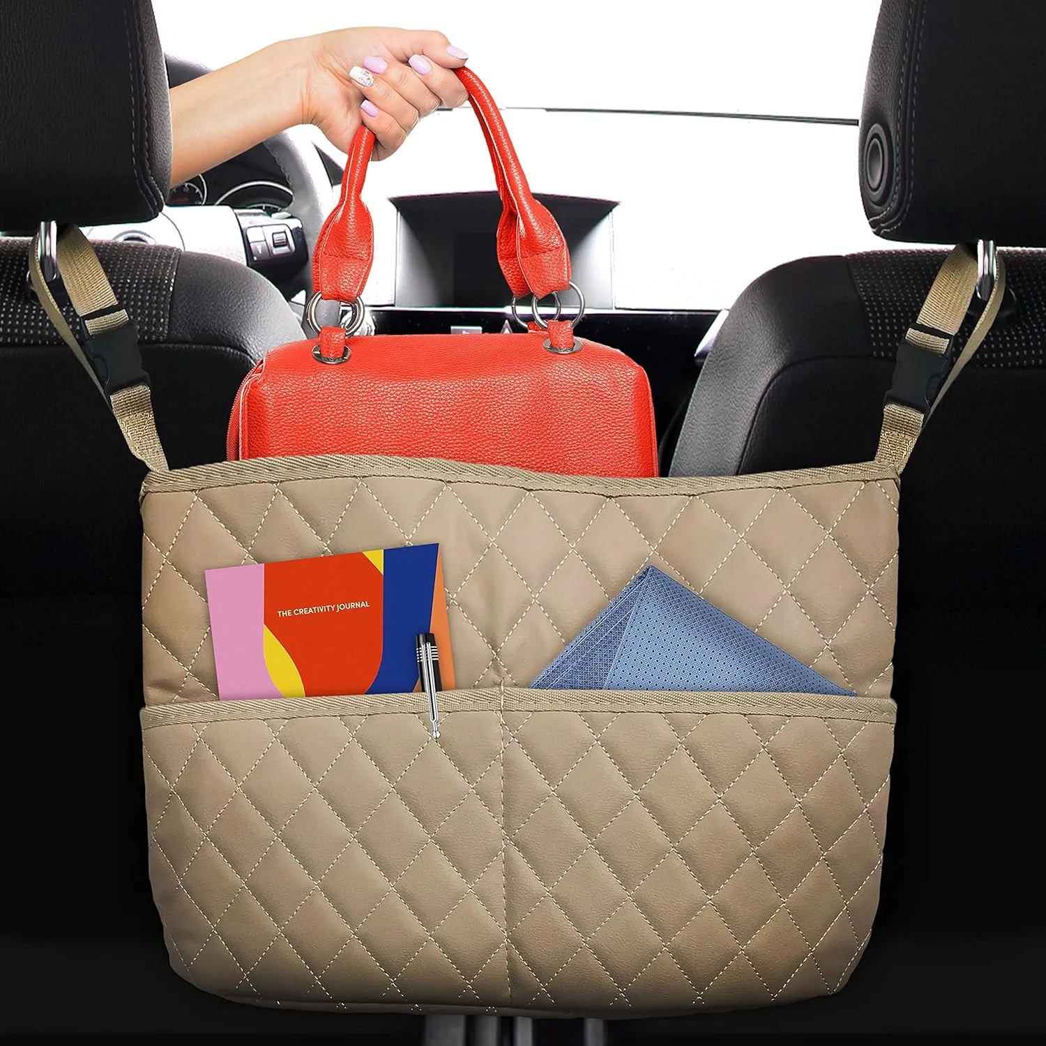 Car Net Pocket Handbag Holder Between Seats, Luxury Quilted PU Leather Purse Car Organizer With 2 Extra Pockets For Storage, Beige