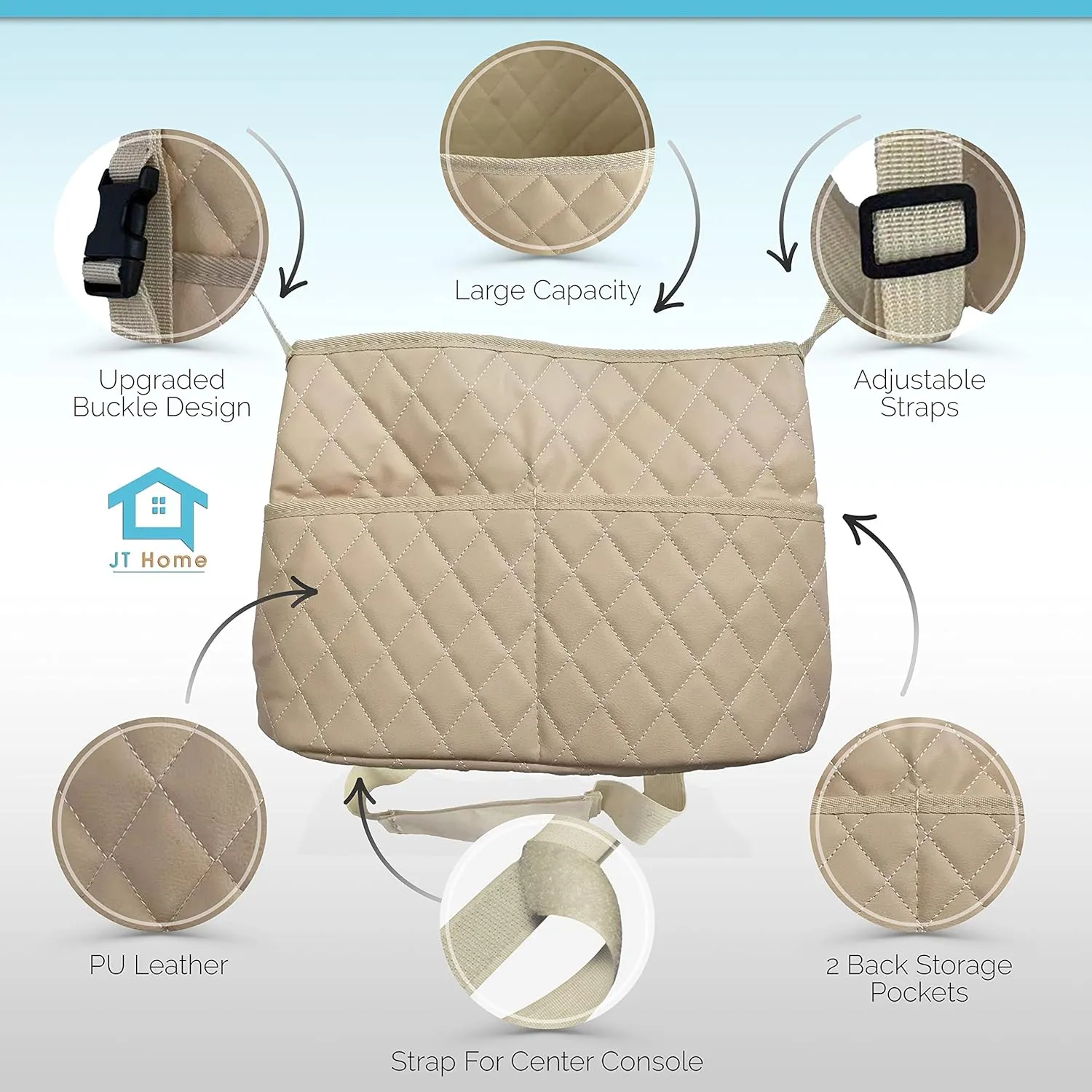 Car Net Pocket Handbag Holder Between Seats, Luxury Quilted PU Leather Purse Car Organizer With 2 Extra Pockets For Storage, Beige