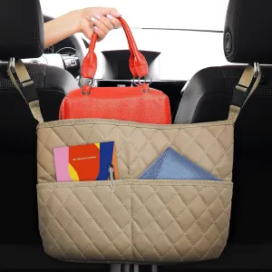 Car Net Pocket Handbag Holder Between Seats, Luxury Quilted PU Leather Purse Car Organizer With 2 Extra Pockets For Storage, Beige