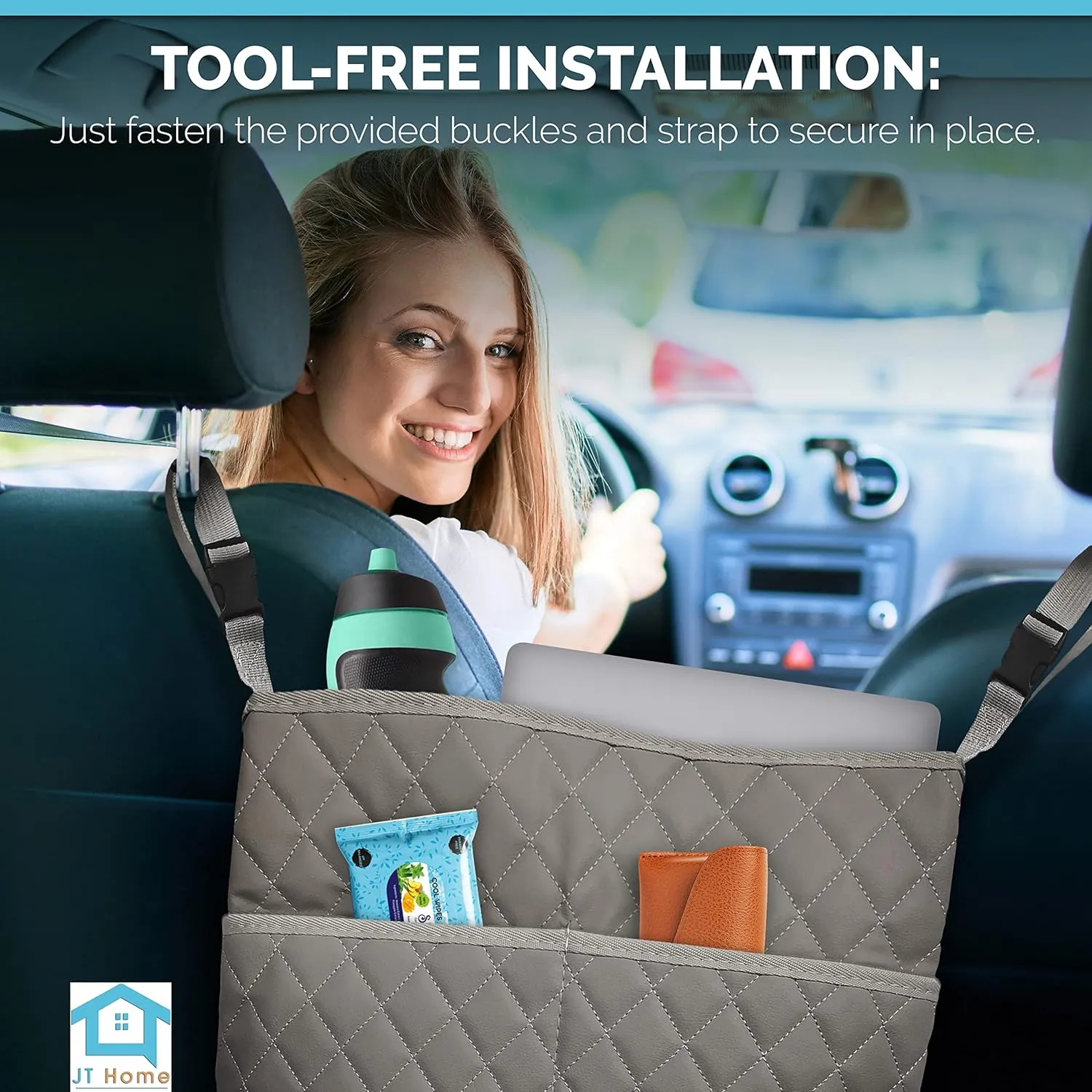 Car Net Pocket Handbag Holder Between Seats, Luxury Quilted PU Leather Purse Car Organizer With 2 Extra Pockets For Storage, Grey