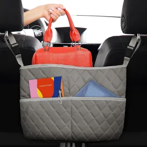 Car Net Pocket Handbag Holder Between Seats, Luxury Quilted PU Leather Purse Car Organizer With 2 Extra Pockets For Storage, Grey