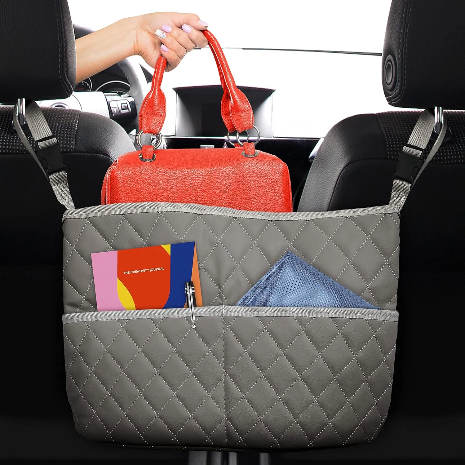 Car Net Pocket Handbag Holder Between Seats, Luxury Quilted PU Leather Purse Car Organizer With 2 Extra Pockets For Storage, Grey