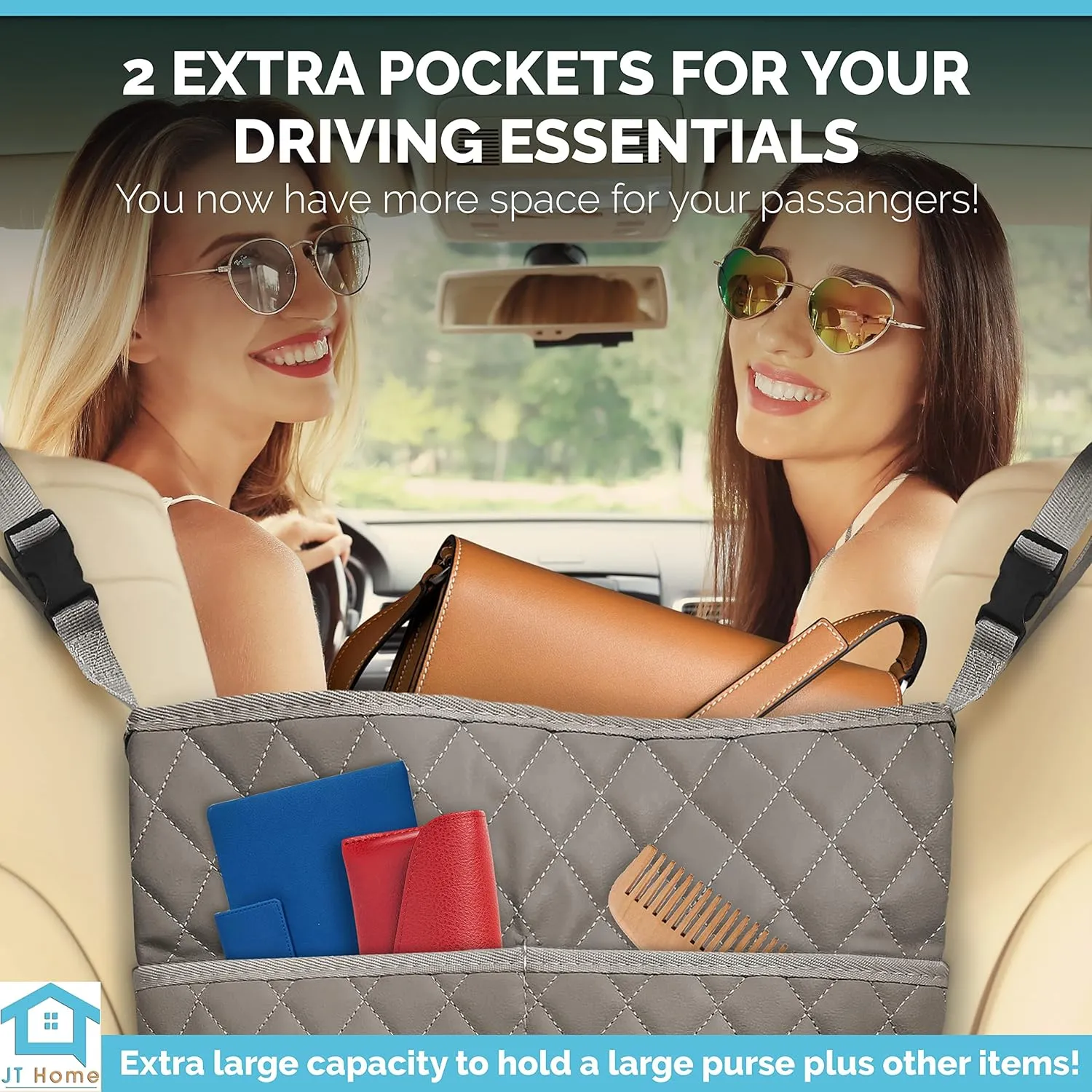 Car Net Pocket Handbag Holder Between Seats, Luxury Quilted PU Leather Purse Car Organizer With 2 Extra Pockets For Storage, Grey