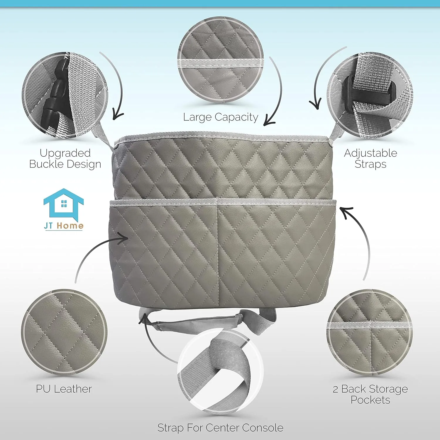 Car Net Pocket Handbag Holder Between Seats, Luxury Quilted PU Leather Purse Car Organizer With 2 Extra Pockets For Storage, Grey