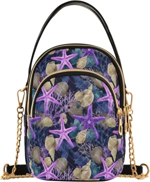 Chain Crossbody Bags for Women Coral Starfish Shellfish Purple Quilted Shoulder Handbags Travel Cross Body Cell Phone Purses Bags