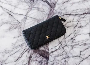 Chanel Classic Black Caviar Leather Long Zipped Wallet with Gold Tone Hardware