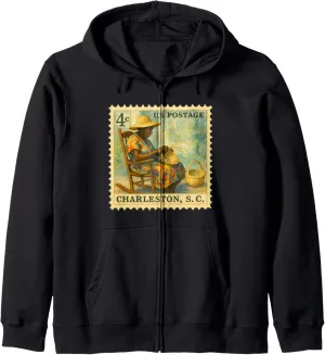 Charleston, SC | Vintage Sweetgrass Basket Retro Watercolor Zip Hoodie