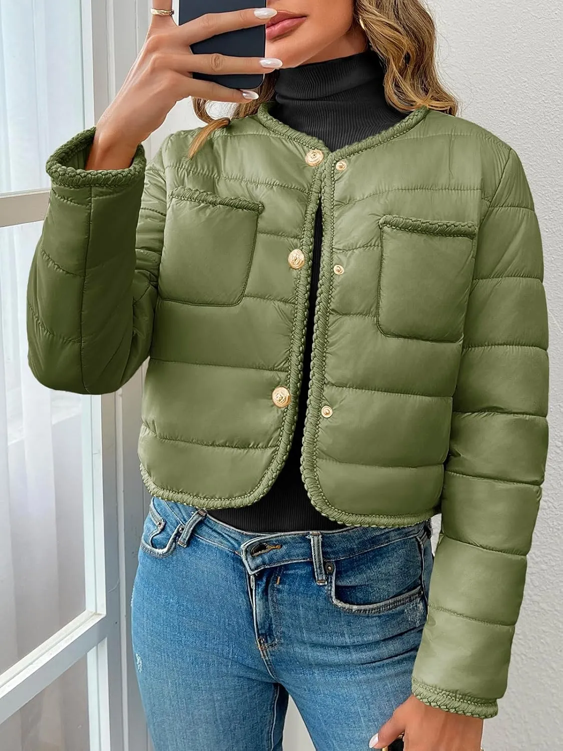 Cicy Bell Womens Cropped Puffer Jackets Quilted Lightweight Collarless Button Down Warm Winter Coats with Pockets