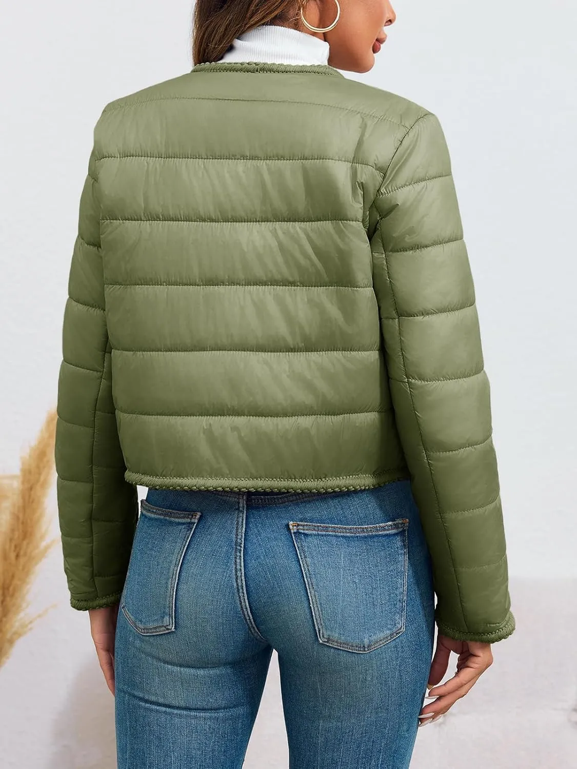 Cicy Bell Womens Cropped Puffer Jackets Quilted Lightweight Collarless Button Down Warm Winter Coats with Pockets