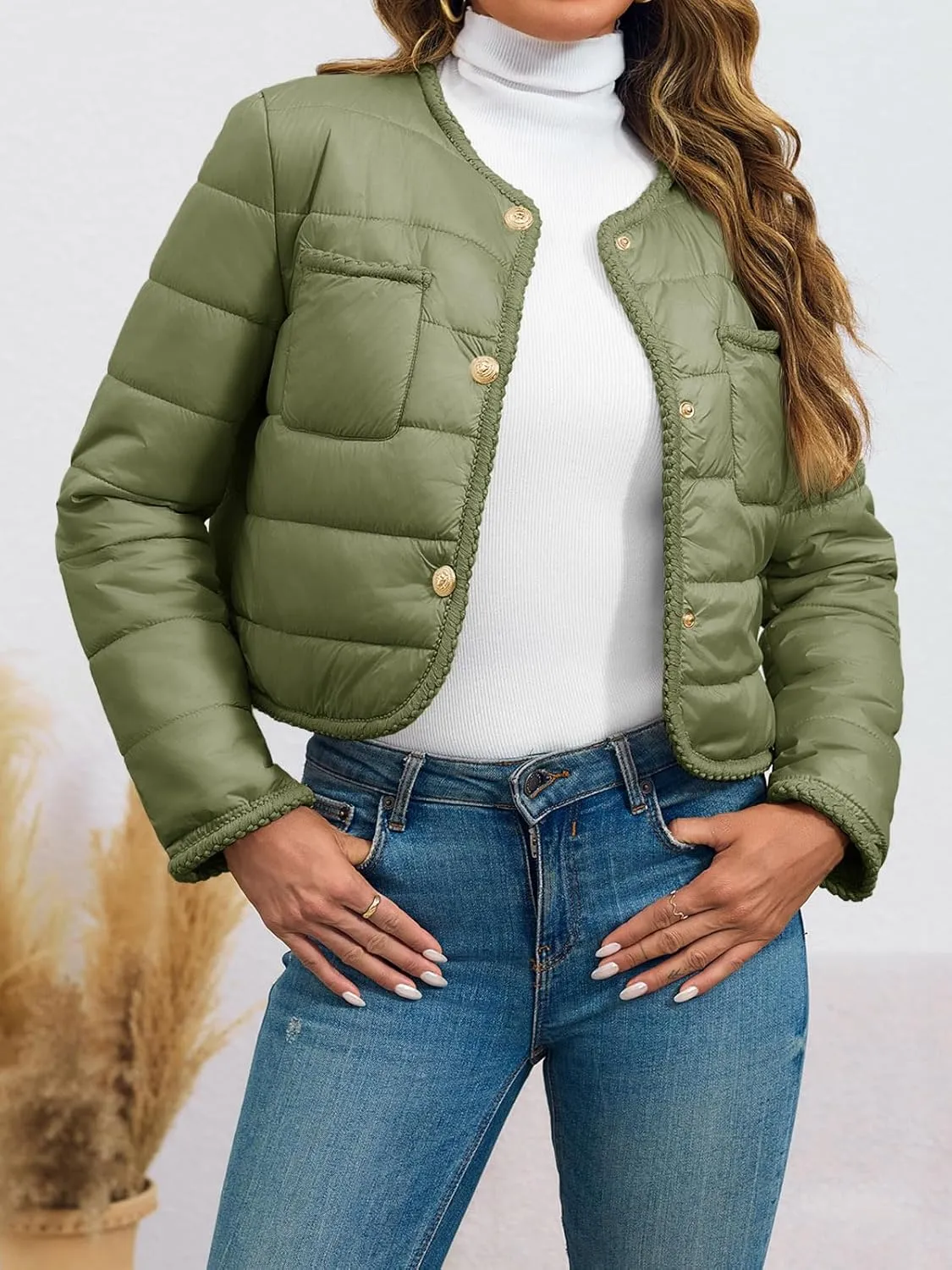 Cicy Bell Womens Cropped Puffer Jackets Quilted Lightweight Collarless Button Down Warm Winter Coats with Pockets