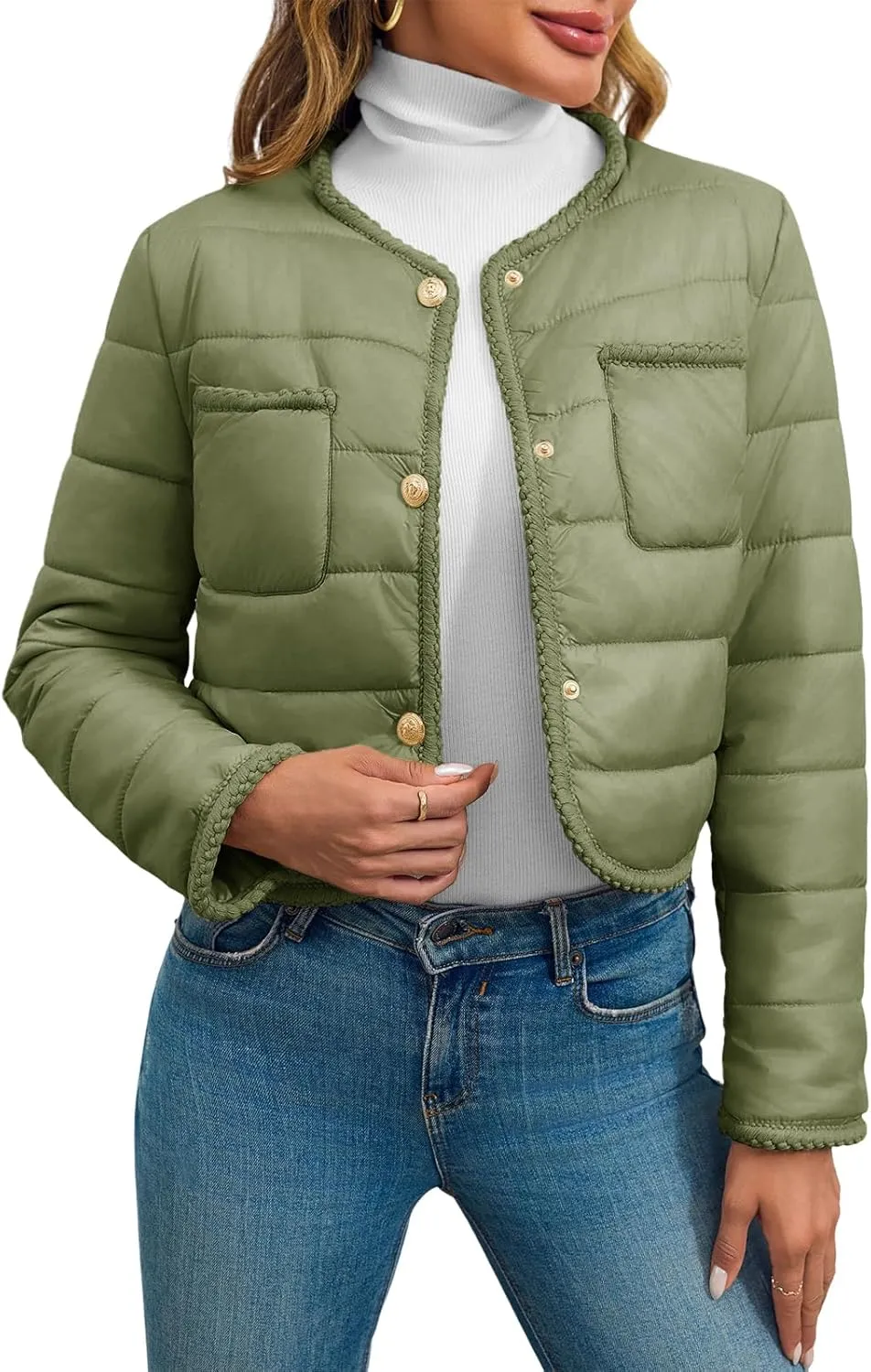 Cicy Bell Womens Cropped Puffer Jackets Quilted Lightweight Collarless Button Down Warm Winter Coats with Pockets
