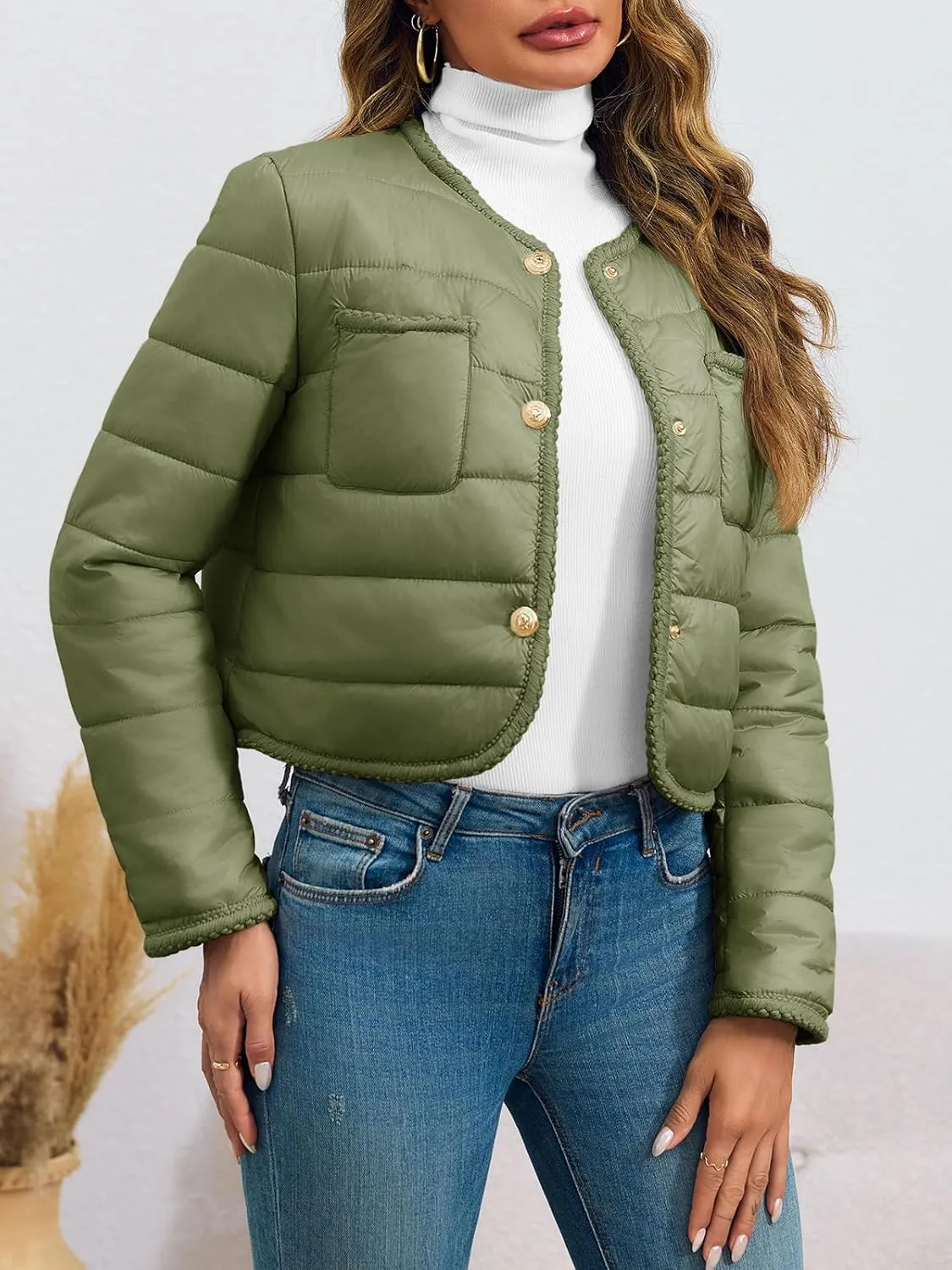 Cicy Bell Womens Cropped Puffer Jackets Quilted Lightweight Collarless Button Down Warm Winter Coats with Pockets