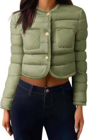 Cicy Bell Womens Cropped Puffer Jackets Quilted Lightweight Collarless Button Down Warm Winter Coats with Pockets