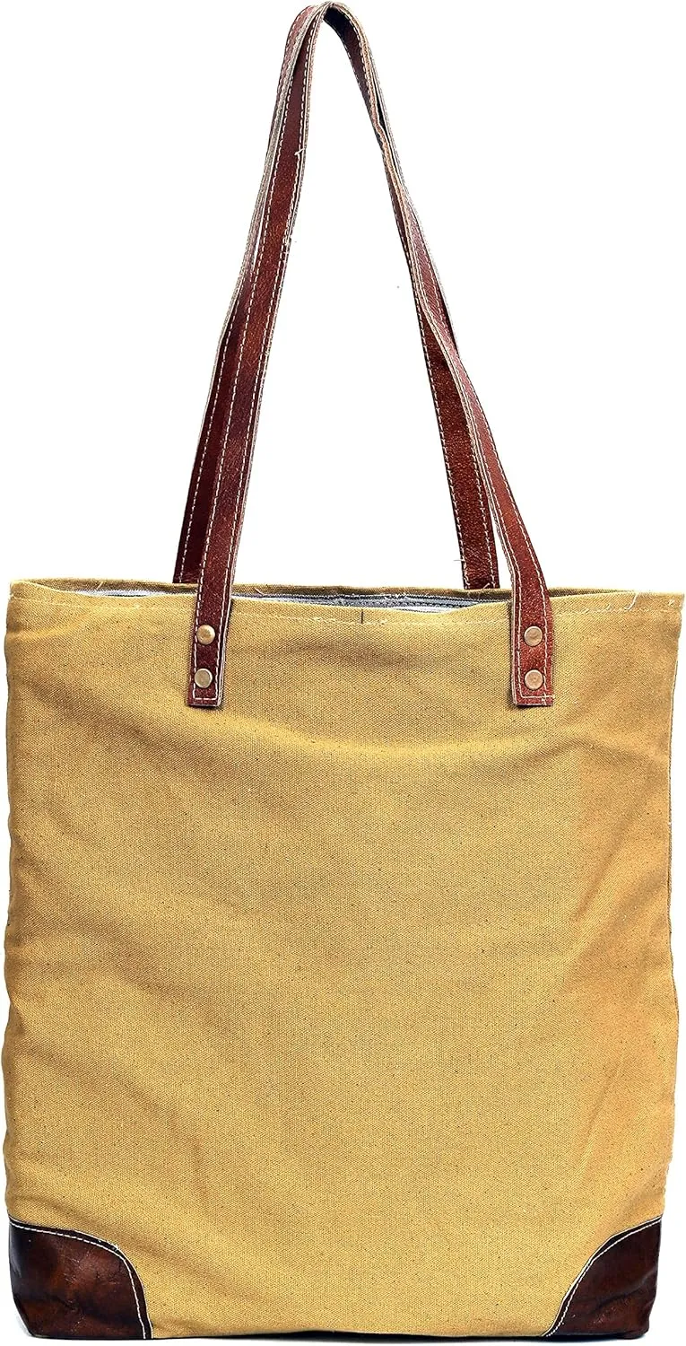 CLA Upcycled Canvas & Leather Handbag 16 Inch Height & Cowhide Tote Bag, Canvas Handbags for women