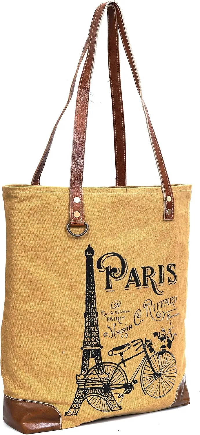 CLA Upcycled Canvas & Leather Handbag 16 Inch Height & Cowhide Tote Bag, Canvas Handbags for women