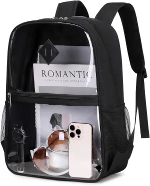 Clear Backpack, Heavy Duty See Through Book Bag, Fabric & PVC Transparent Backpack for Work, Security, Concerts, College bookback Stadium Approved, Black
