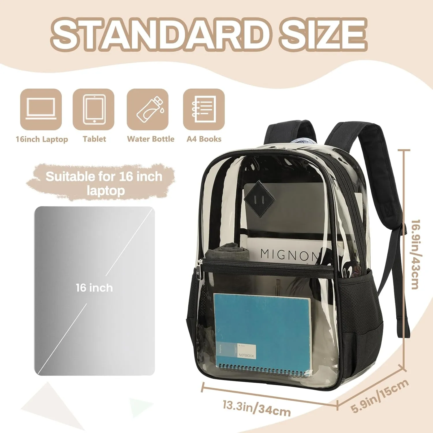 Clear Backpack, Heavy Duty See Through Book Bag for Work, Security, Concerts, College Transparent PVC bookback Stadium Approved,Black(Semi-transparent)