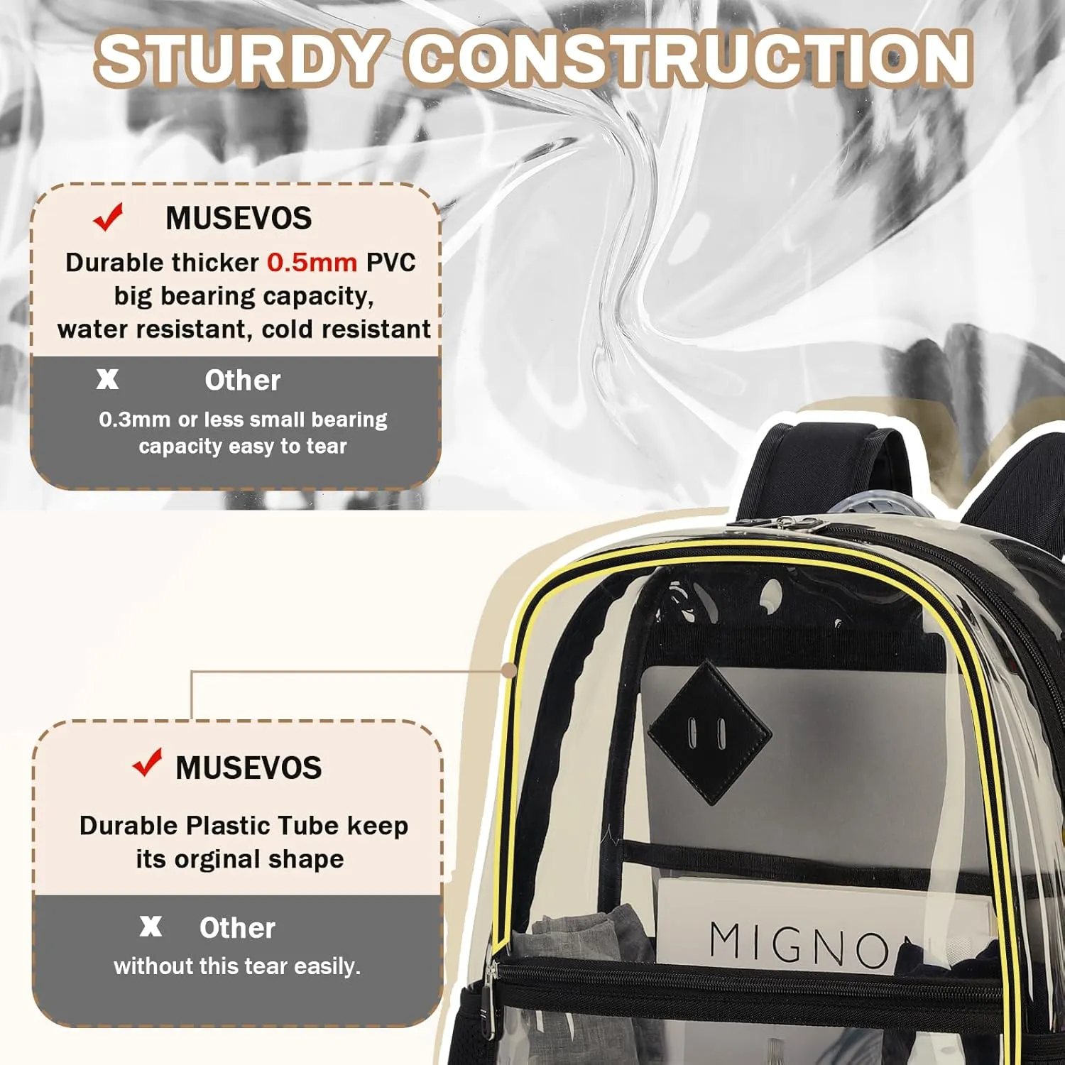 Clear Backpack, Heavy Duty See Through Book Bag for Work, Security, Concerts, College Transparent PVC bookback Stadium Approved,Black(Semi-transparent)