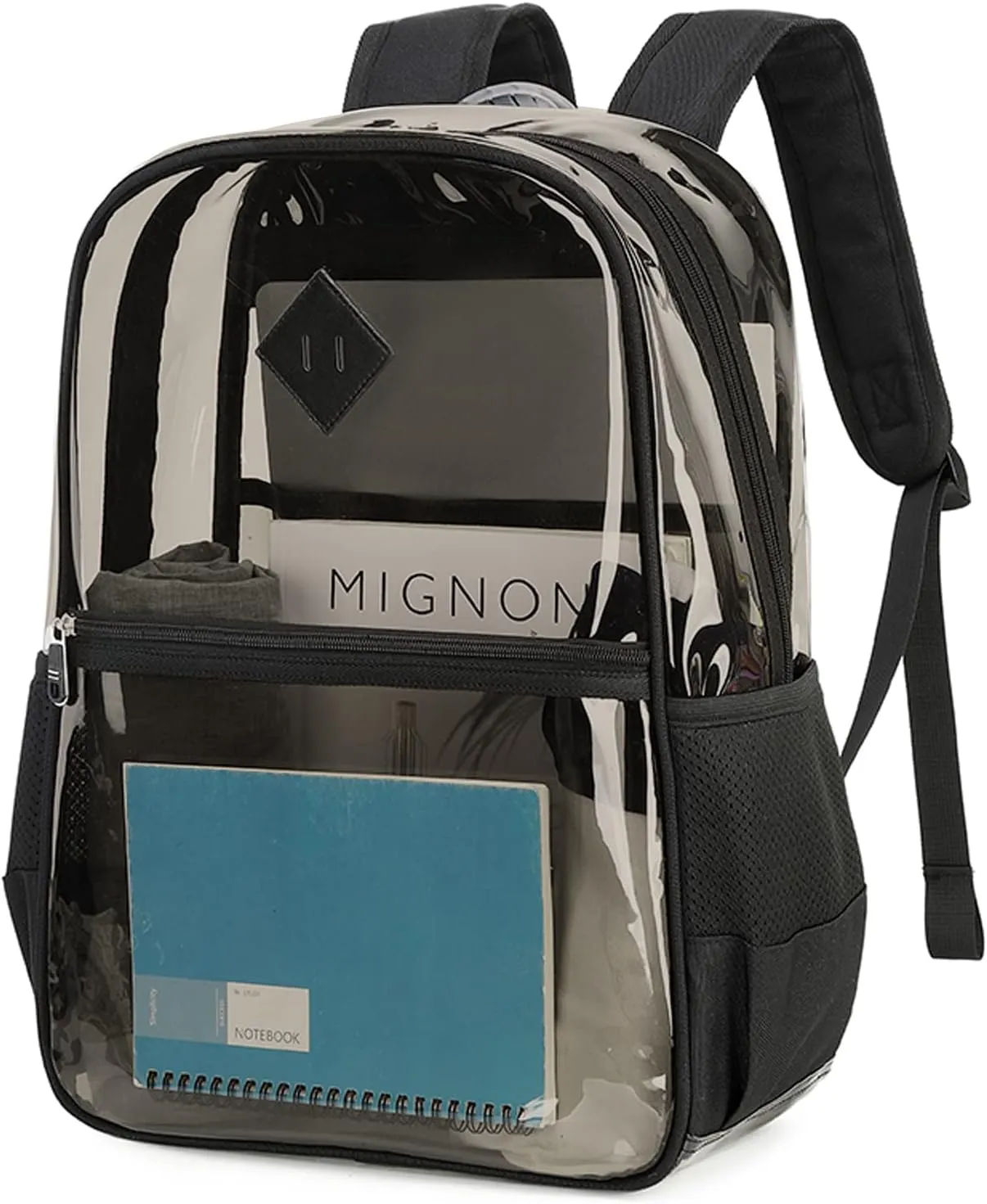 Clear Backpack, Heavy Duty See Through Book Bag for Work, Security, Concerts, College Transparent PVC bookback Stadium Approved,Black(Semi-transparent)