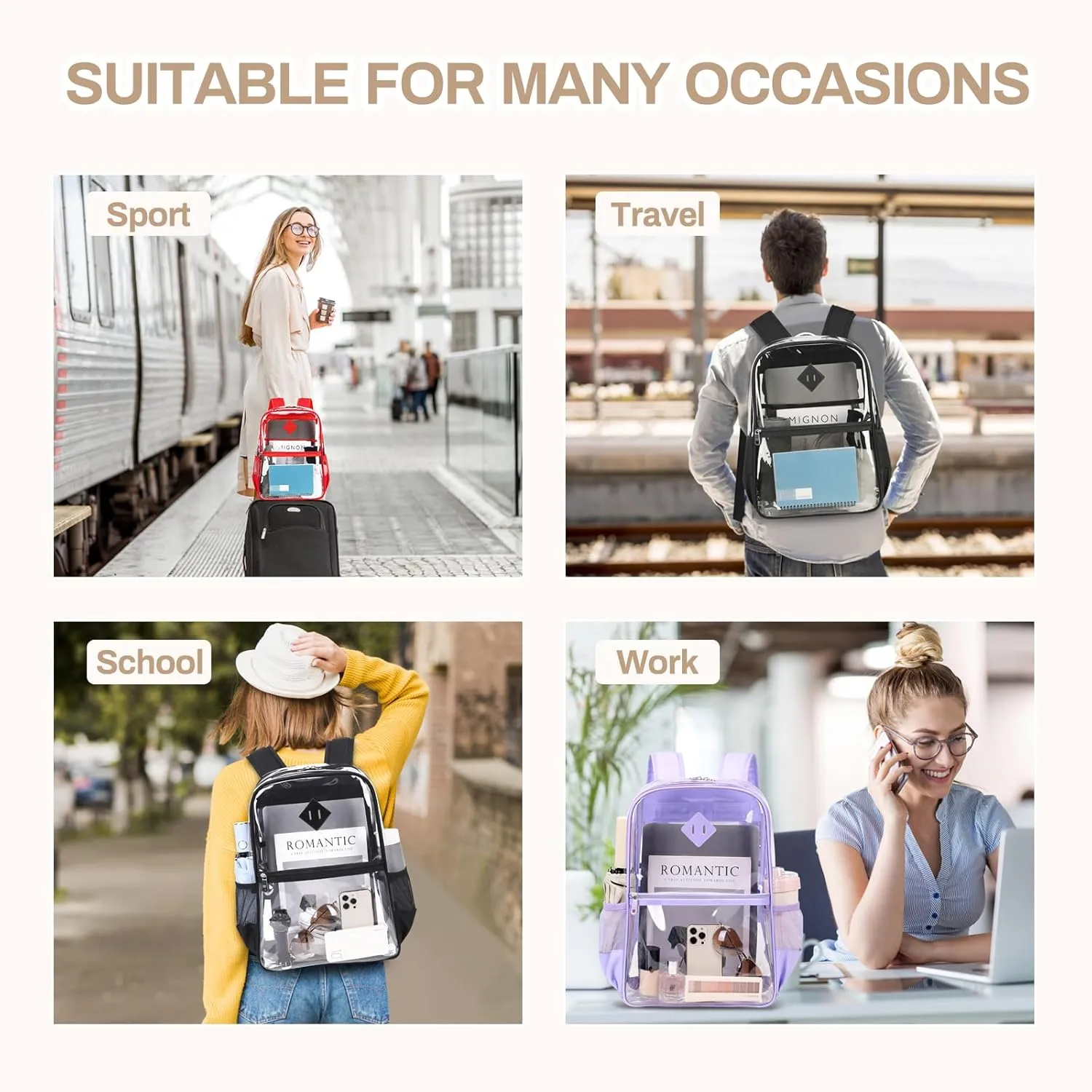 Clear Backpack, Heavy Duty See Through Book Bag for Work, Security, Concerts, College Transparent PVC bookback Stadium Approved,Black(Semi-transparent)