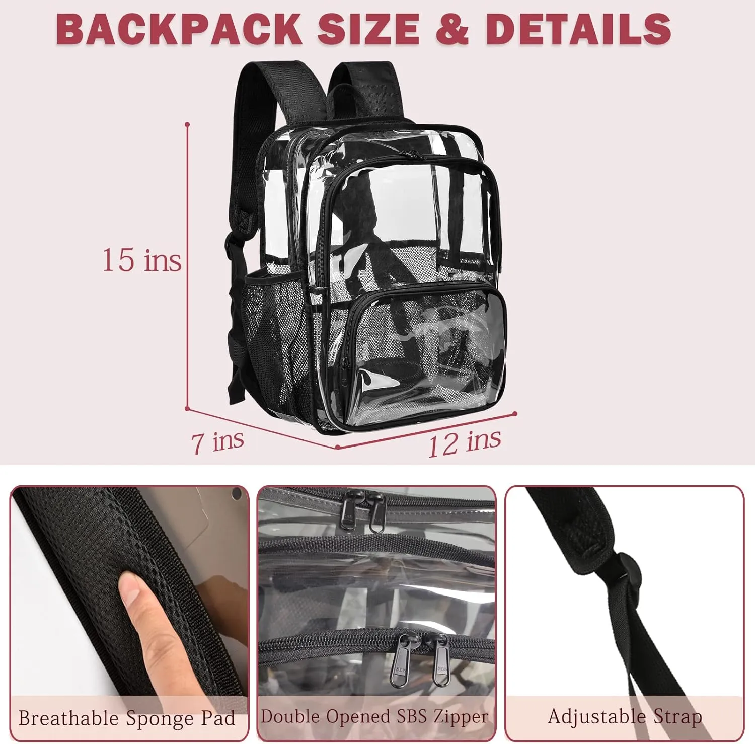 Clear Backpack, Stadium Approved Heavy Duty Waterproof Book Bag for Women Men