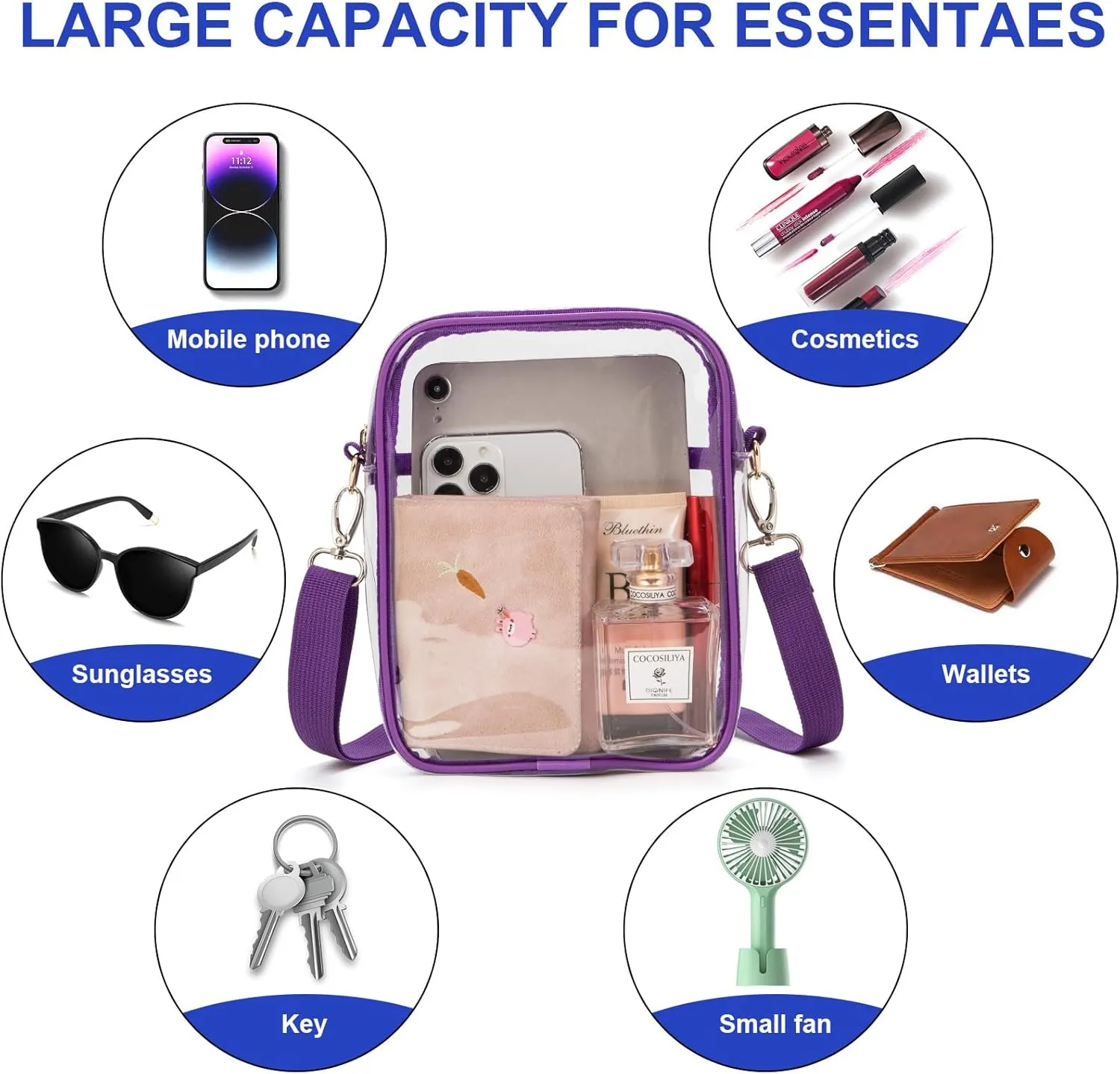 Clear Crossbody Bag, Stadium-Approved PVC Clear Purse, Transparent Messenger Bag for Men and Women