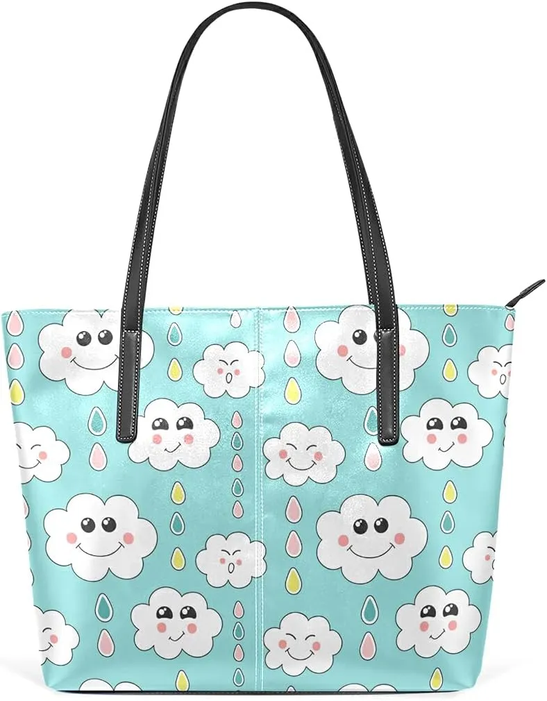 Cloud Rain Drop Tote Bag for Women Leather Shoulder Handbag with Zipper and Pockets Fashion Casual Handle Bag Purse for Travel Beach Working Laptop School Gym Shopping