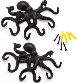 Coat Hooks Wall Mounted Key Holder, Retro Octopus Towel Hooks for Bathrooms, Heavy Duty Wall Hooks Decorative- 2Pcs