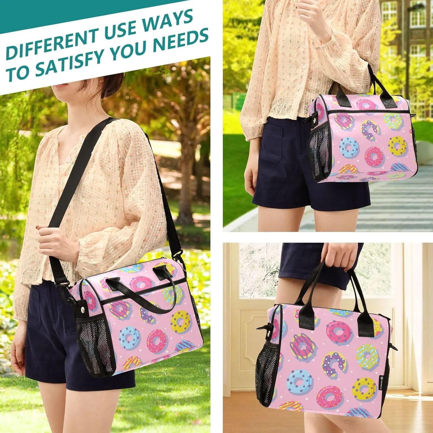 Color Donuts Lunch Bag & Lunch Box for Women with Adjustable Shoulder Belt Insulated Portable Lunch Tote Bag Cooler Bag for Girls Travel Office Picnic