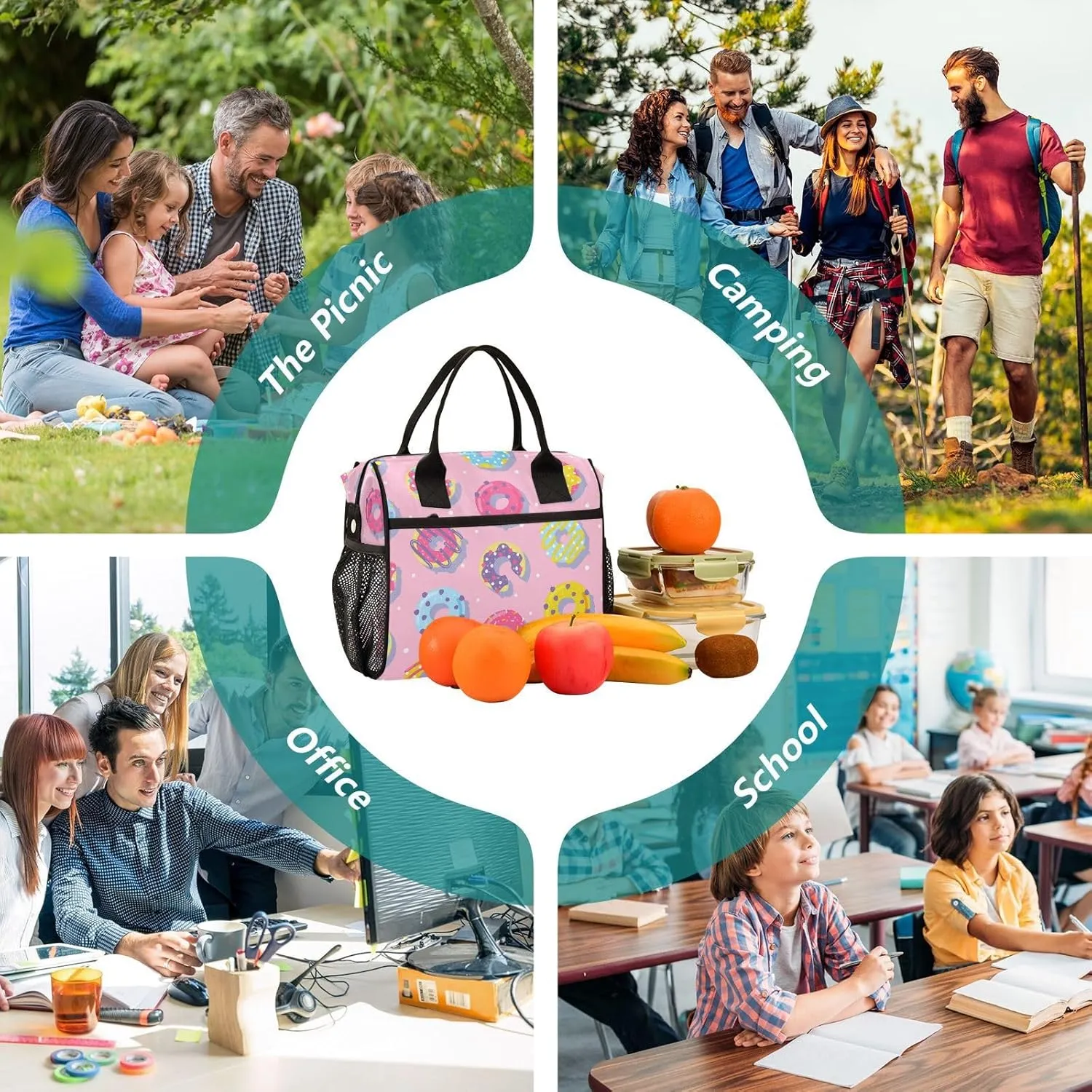 Color Donuts Lunch Bag & Lunch Box for Women with Adjustable Shoulder Belt Insulated Portable Lunch Tote Bag Cooler Bag for Girls Travel Office Picnic