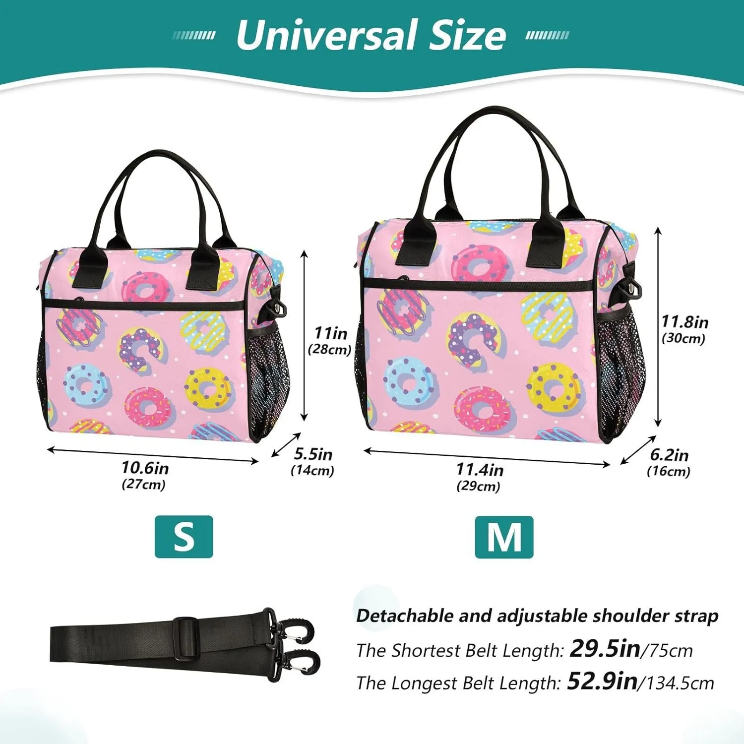Color Donuts Lunch Bag & Lunch Box for Women with Adjustable Shoulder Belt Insulated Portable Lunch Tote Bag Cooler Bag for Girls Travel Office Picnic
