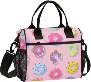 Color Donuts Lunch Bag & Lunch Box for Women with Adjustable Shoulder Belt Insulated Portable Lunch Tote Bag Cooler Bag for Girls Travel Office Picnic