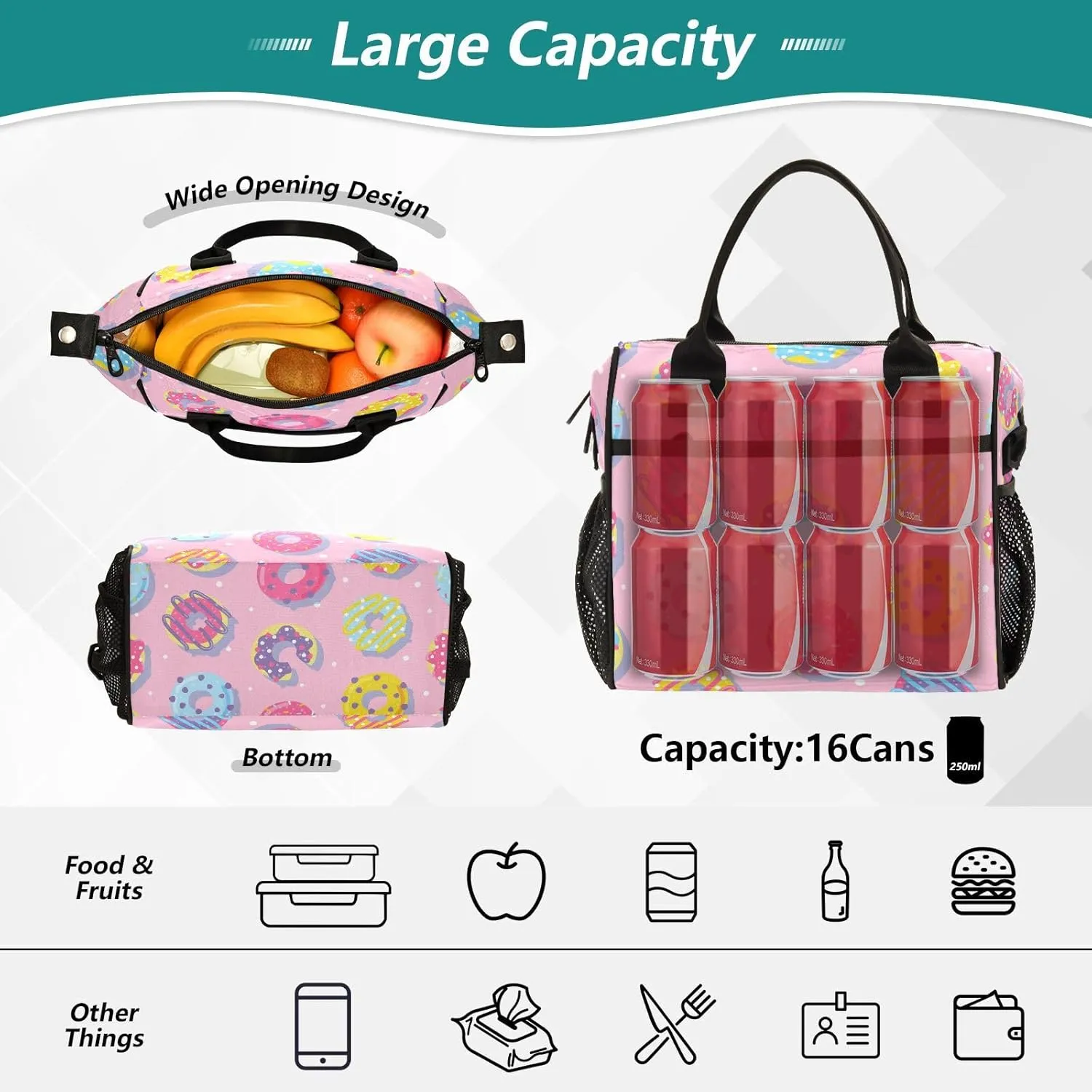 Color Donuts Lunch Bag & Lunch Box for Women with Adjustable Shoulder Belt Insulated Portable Lunch Tote Bag Cooler Bag for Girls Travel Office Picnic