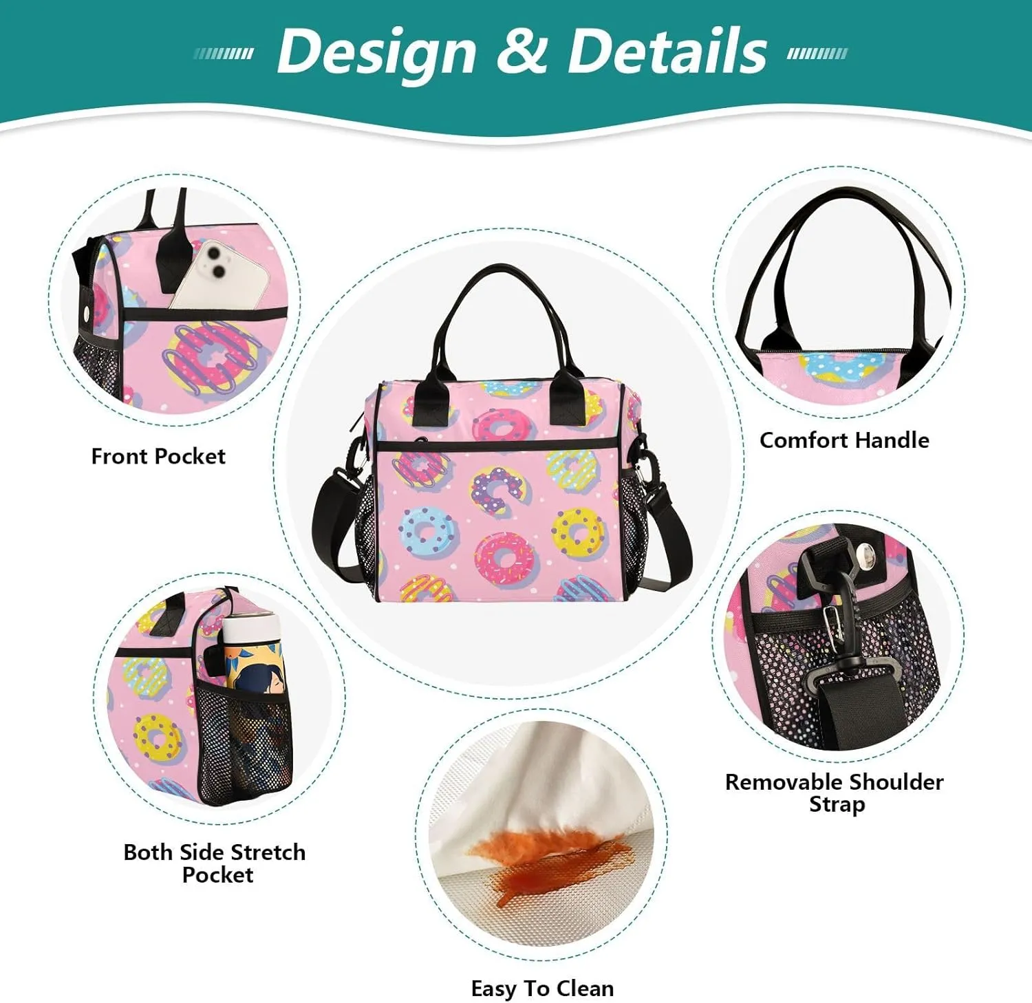 Color Donuts Lunch Bag & Lunch Box for Women with Adjustable Shoulder Belt Insulated Portable Lunch Tote Bag Cooler Bag for Girls Travel Office Picnic