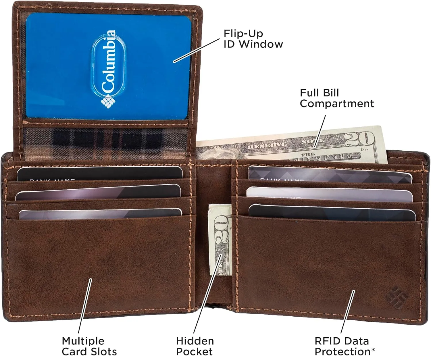 Columbia Men's Everyday Bifold Wallet-Multiple Card Slots, Id Window