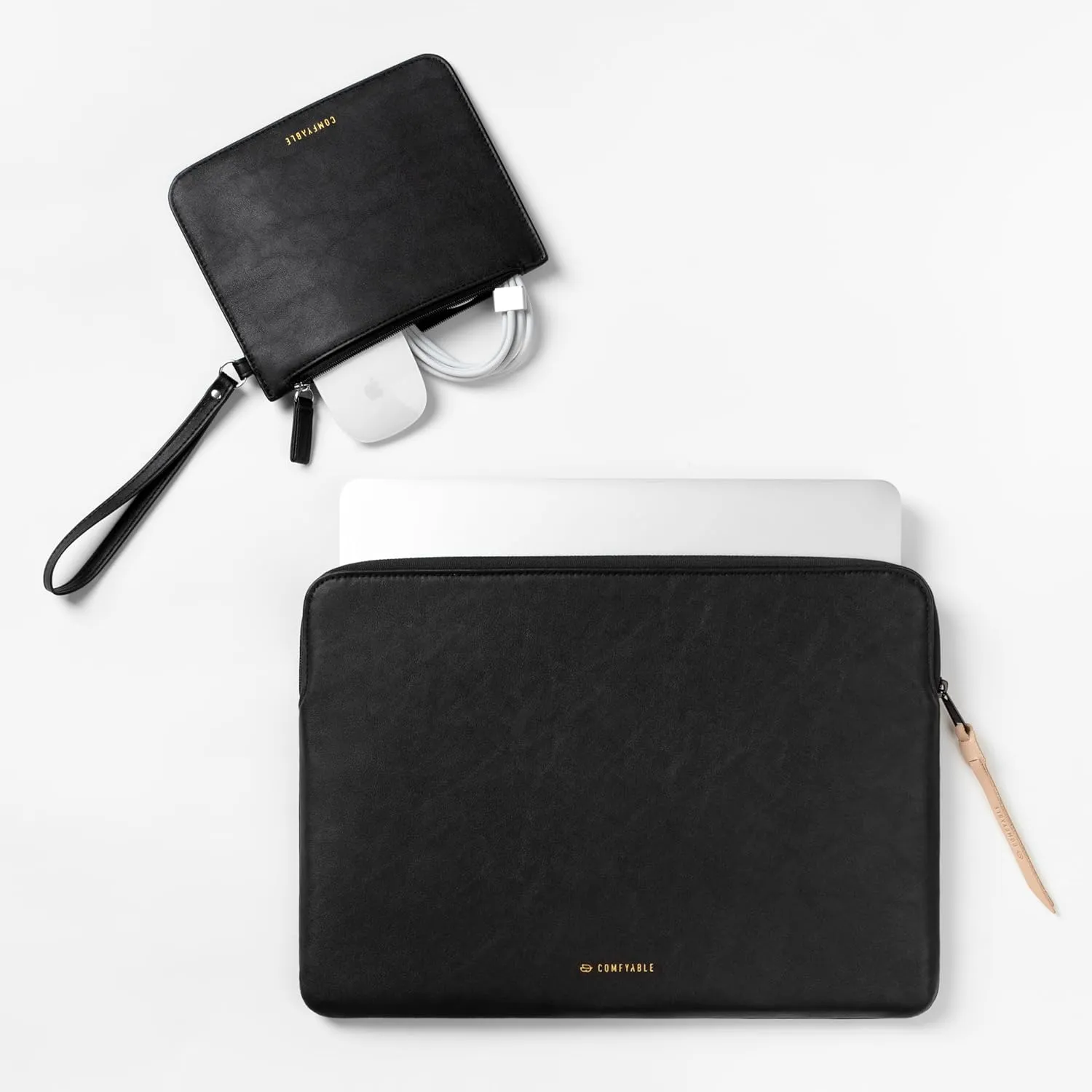 Comfyable Leather Laptop Sleeve with Accessory Pouch Compatible with 16 Inch MacBook Pro M4 2024 & 15 Inch MacBook Air M4 2025 A3241 M3 A3114 (Loose Fit) M2, Black