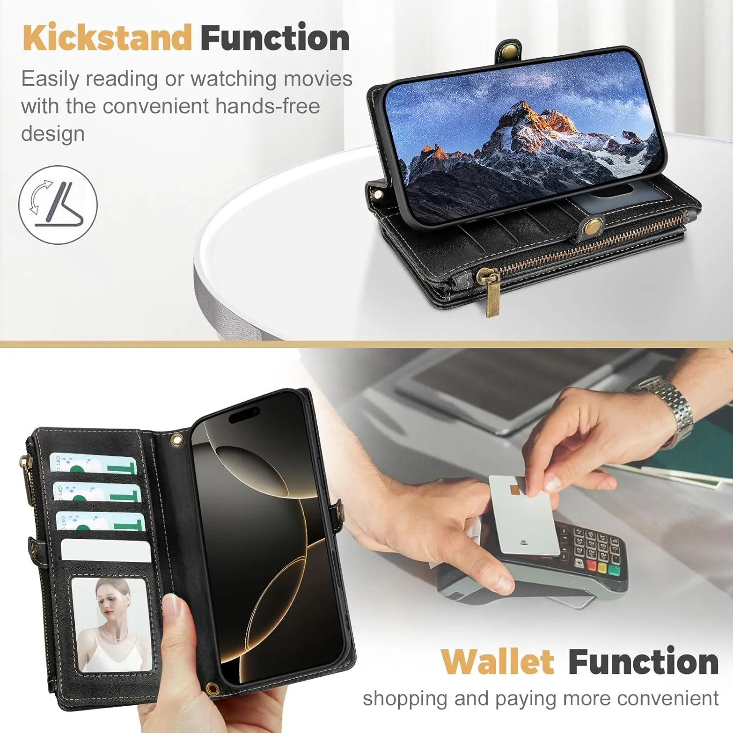 Compatible with iPhone 12 Pro Max Wallet Case,RFID Blocking PU Leather Phone Case Women Men Kickstand flip Cover Wrist Strap Zipper Credit Card Holder Slots for Apple iPhone 12 Pro Max(Black)