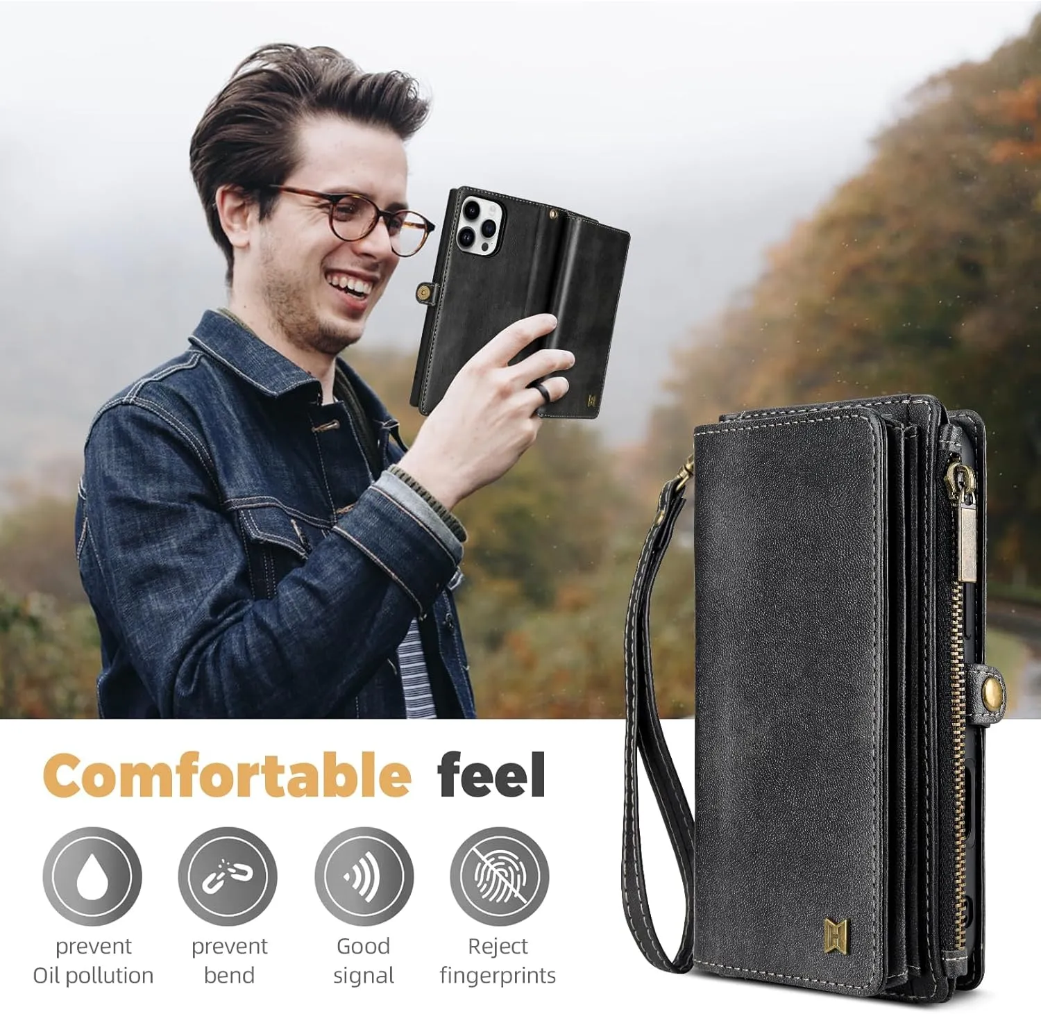 Compatible with iPhone 12 Pro Max Wallet Case,RFID Blocking PU Leather Phone Case Women Men Kickstand flip Cover Wrist Strap Zipper Credit Card Holder Slots for Apple iPhone 12 Pro Max(Black)