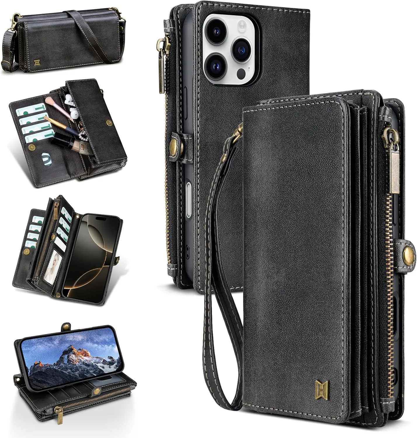Compatible with iPhone 12 Pro Max Wallet Case,RFID Blocking PU Leather Phone Case Women Men Kickstand flip Cover Wrist Strap Zipper Credit Card Holder Slots for Apple iPhone 12 Pro Max(Black)