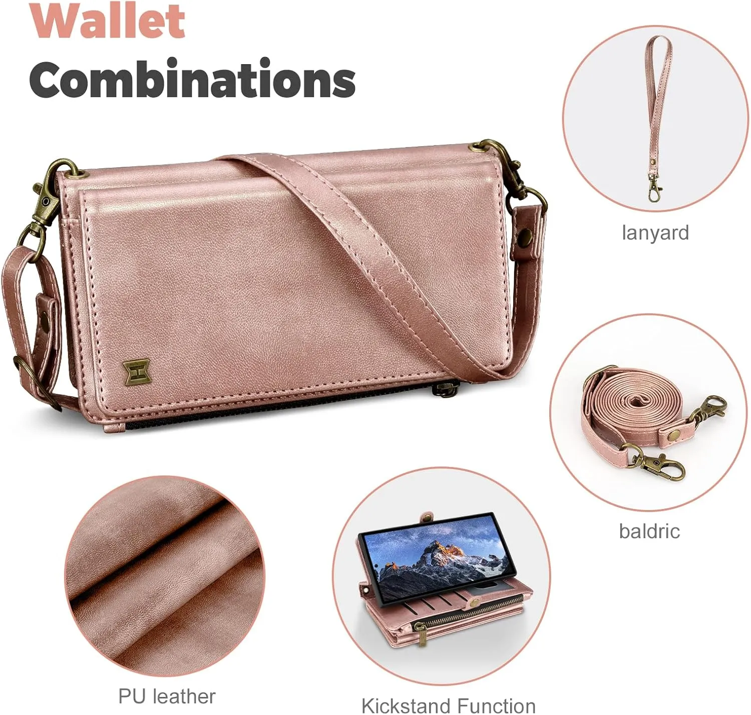 Compatible with Samsung Galaxy S23 Ultra Wallet Case,RFID Blocking PU Leather Phone Case Women Men Kickstand flip Cover Wrist Strap Zipper Credit Card Holder Slots for S23 Ultra(Rose Gold)