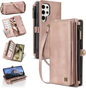 Compatible with Samsung Galaxy S23 Ultra Wallet Case,RFID Blocking PU Leather Phone Case Women Men Kickstand flip Cover Wrist Strap Zipper Credit Card Holder Slots for S23 Ultra(Rose Gold)