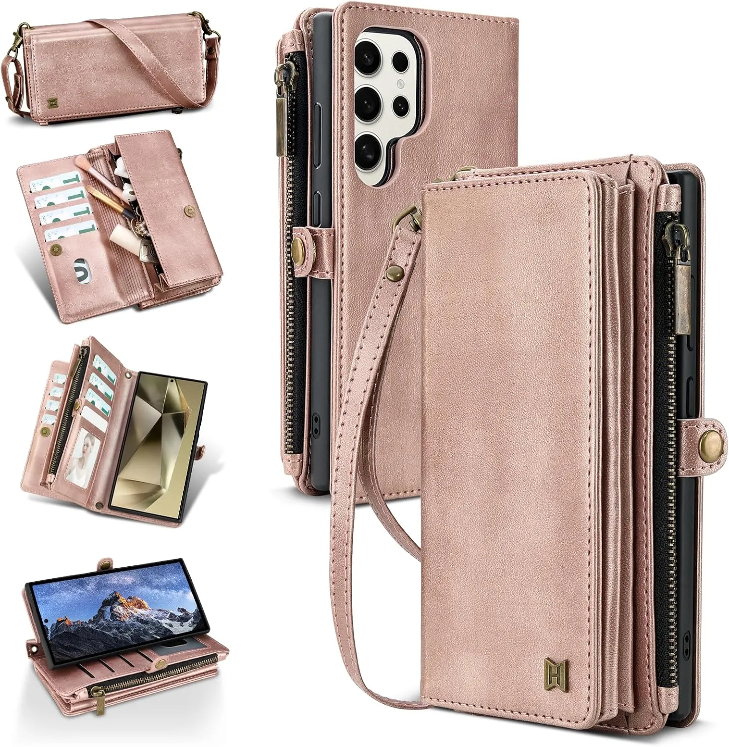 Compatible with Samsung Galaxy S23 Ultra Wallet Case,RFID Blocking PU Leather Phone Case Women Men Kickstand flip Cover Wrist Strap Zipper Credit Card Holder Slots for S23 Ultra(Rose Gold)