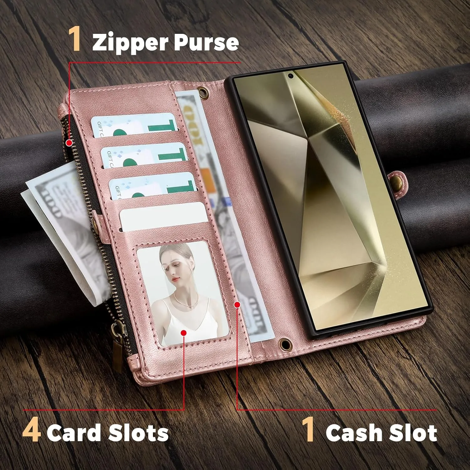 Compatible with Samsung Galaxy S23 Ultra Wallet Case,RFID Blocking PU Leather Phone Case Women Men Kickstand flip Cover Wrist Strap Zipper Credit Card Holder Slots for S23 Ultra(Rose Gold)