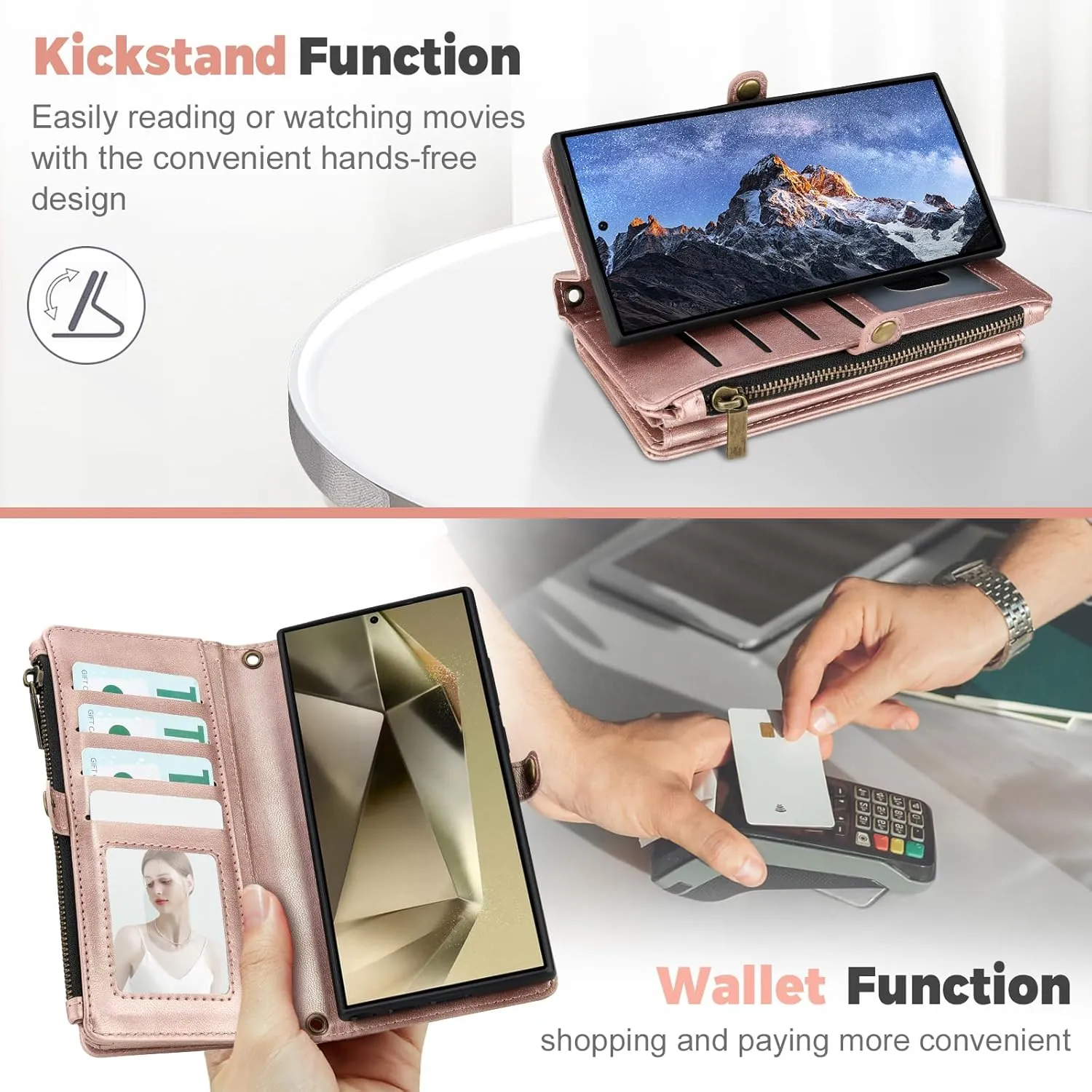 Compatible with Samsung Galaxy S23 Ultra Wallet Case,RFID Blocking PU Leather Phone Case Women Men Kickstand flip Cover Wrist Strap Zipper Credit Card Holder Slots for S23 Ultra(Rose Gold)