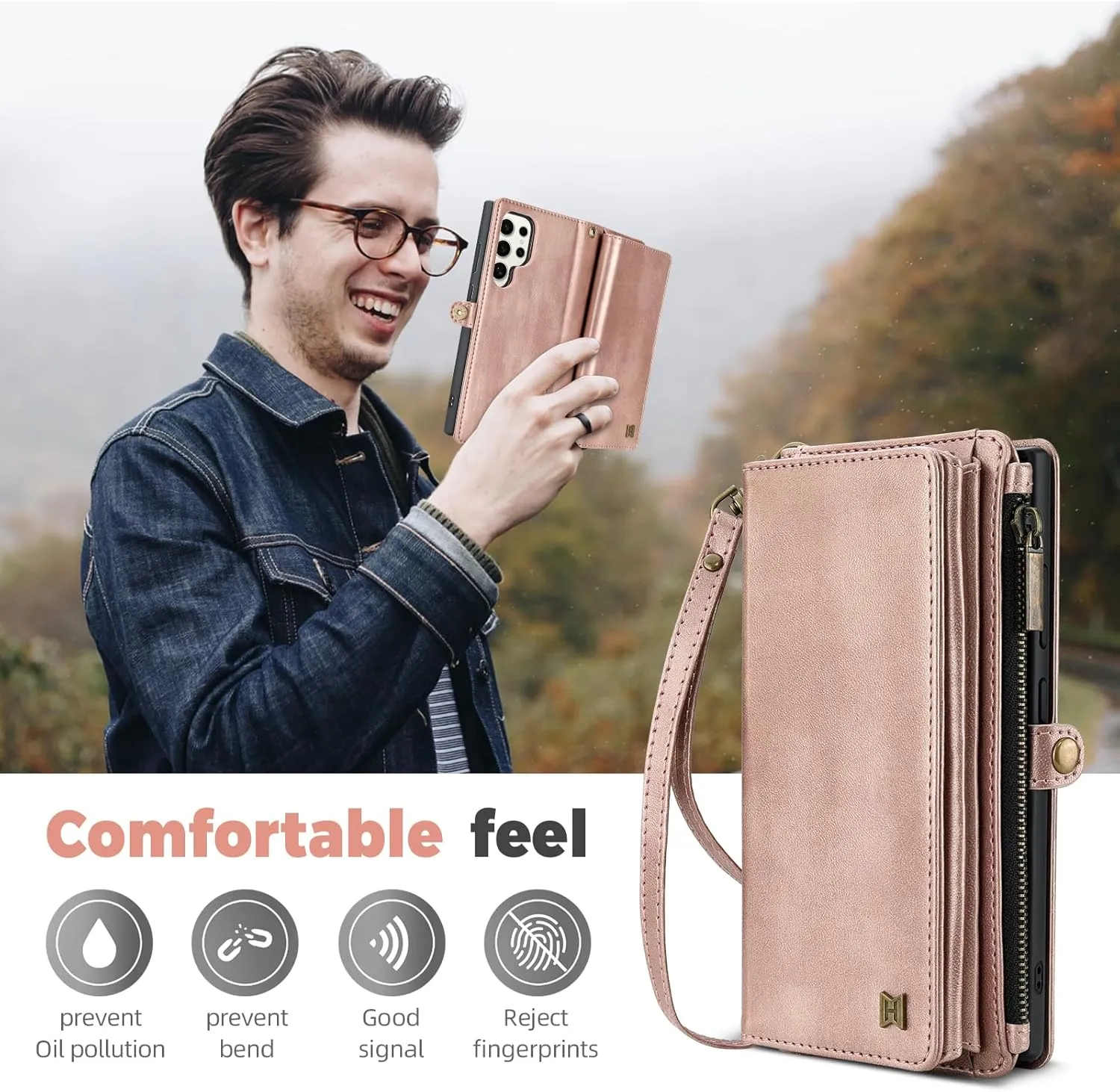 Compatible with Samsung Galaxy S23 Ultra Wallet Case,RFID Blocking PU Leather Phone Case Women Men Kickstand flip Cover Wrist Strap Zipper Credit Card Holder Slots for S23 Ultra(Rose Gold)