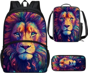 Cool Graffiti Lion Print Large Backpack for Kids Boys Girls Schoolbag with Lunch Bag Pencil Bag, Student Personalized Laptop Pad Tablet Travel School Bag with Multiple Pockets